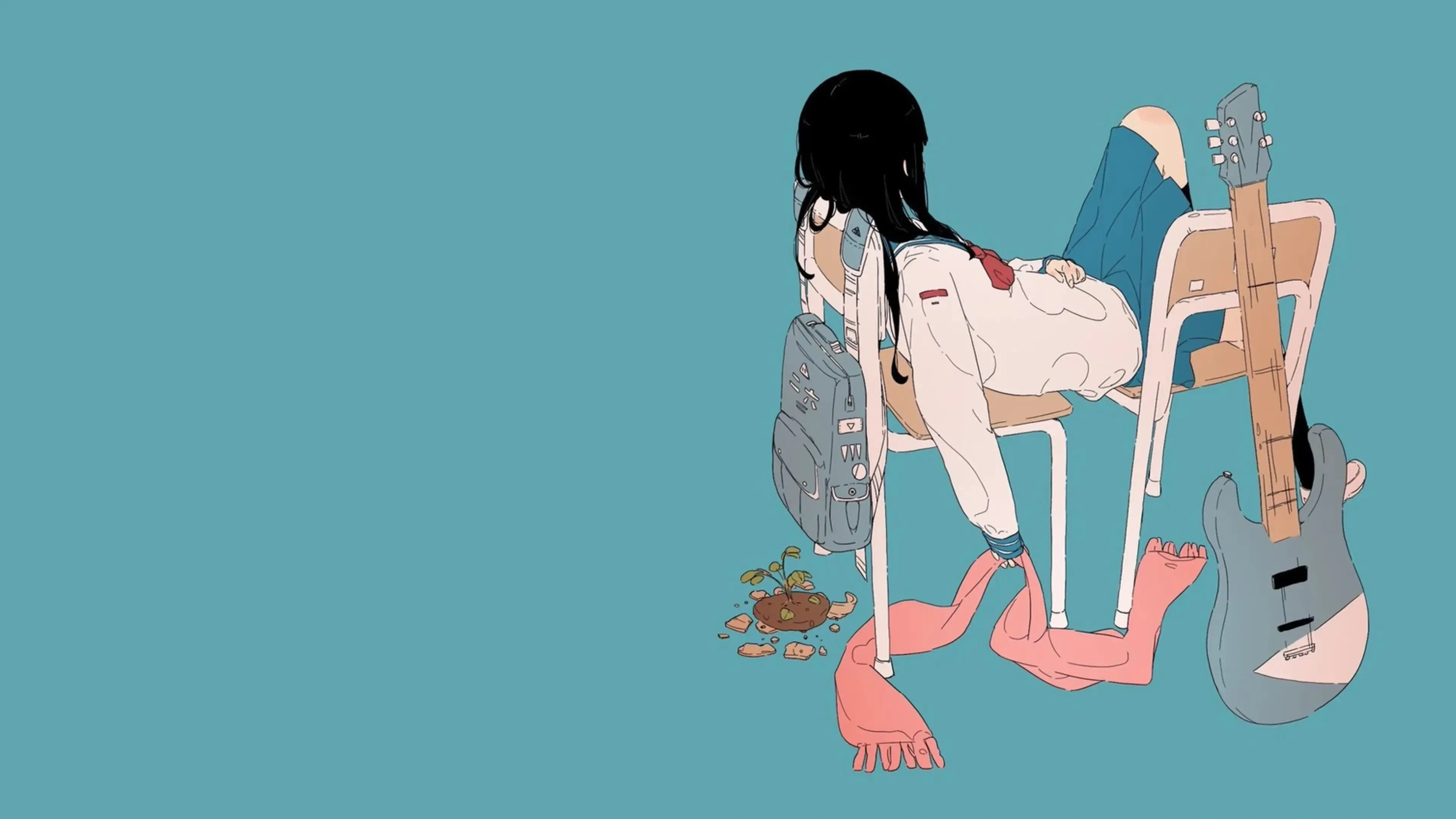 女学生 简单背景 极简主义 动漫女孩 蓝色背景 吉他 围巾 4k壁纸