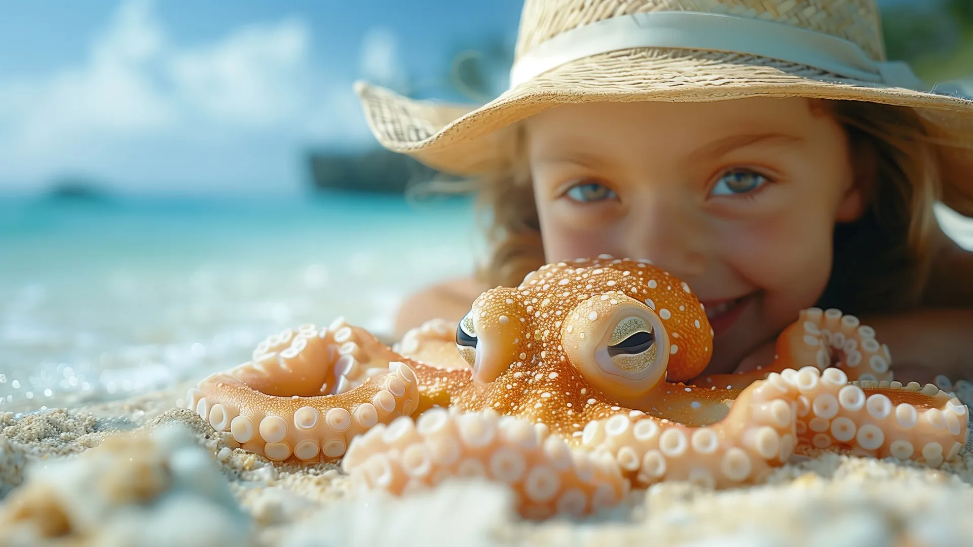 孩子们 看着观众 鱿鱼 章鱼 帽子 海滩 电脑贴纸 4K贴纸