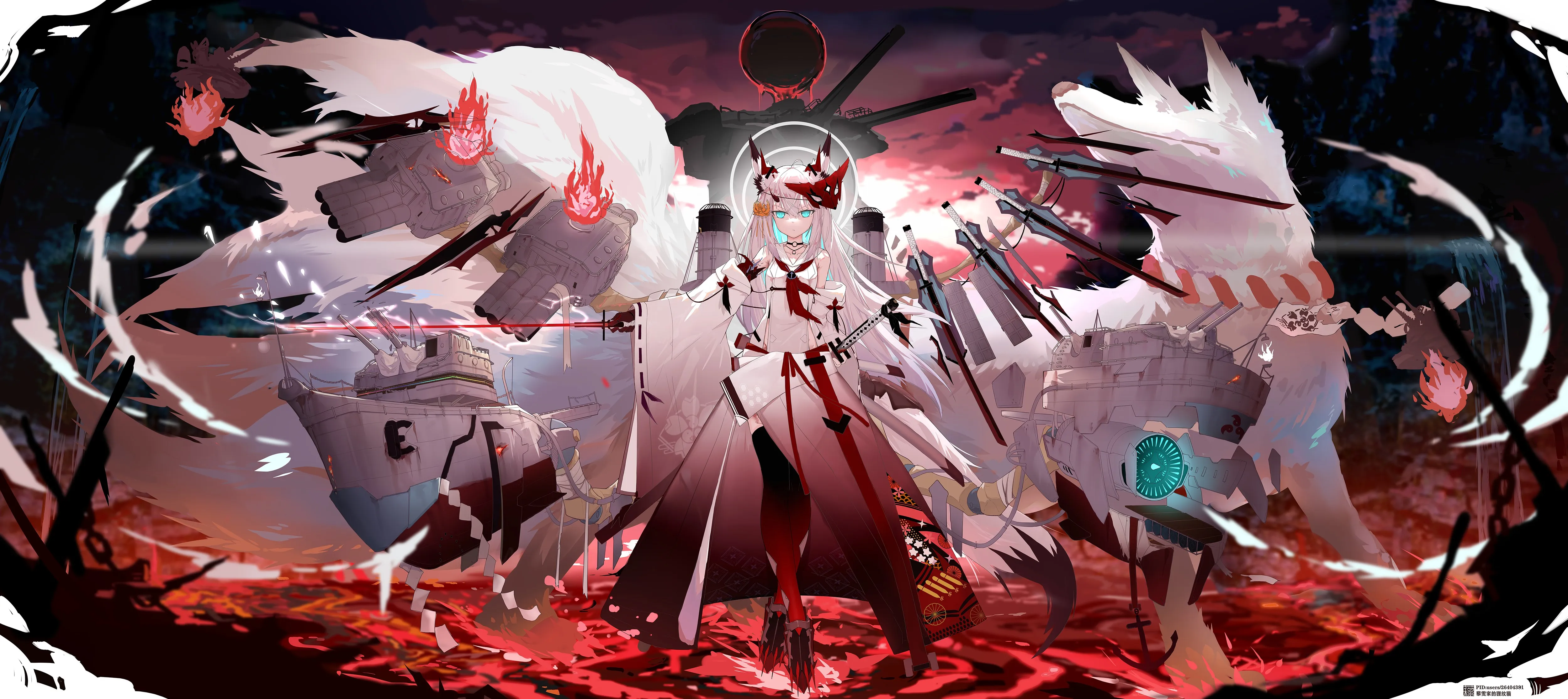 长发 狐狸耳朵 狐耳 狐狸尾巴 狐尾 动漫 女孩 狐狸少女 双色头发 动物 船 面具 项链 剑 4k壁纸